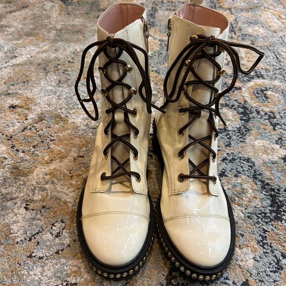 Schutz Combat Boots Andorra Patent Embedded Crystal Detail Block Heel Size 10B - Picture 2 of 9